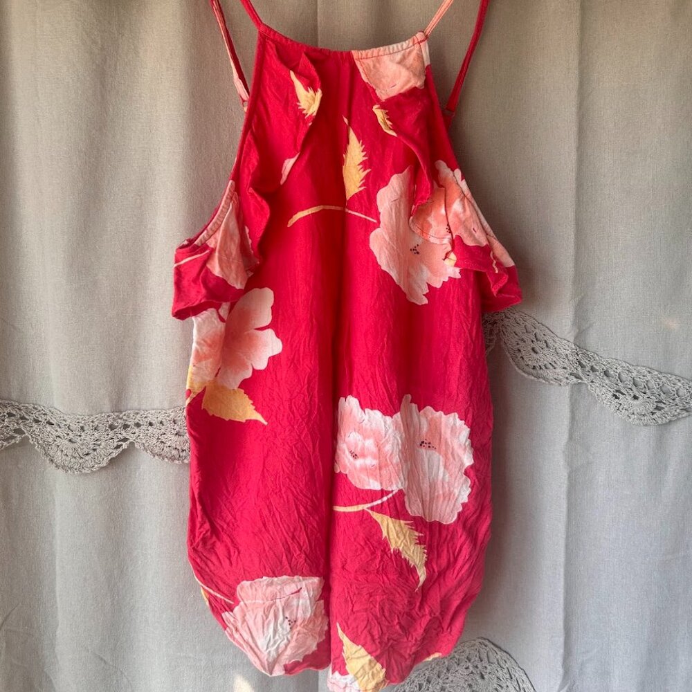 BIllabong Womens Small Red Pink Flowy Floral Ruffle Trim High Neck Halter Tank